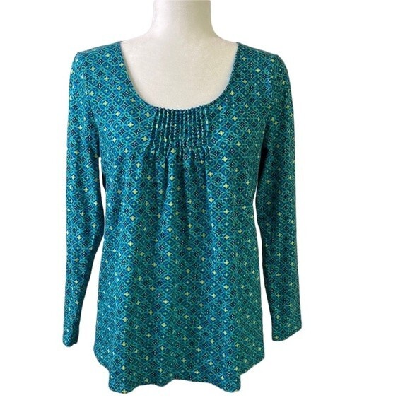 J Jill Pin Tuck Pullover Long Sleeve Top Geometric Print Watercolor Turquoise - Picture 2 of 16